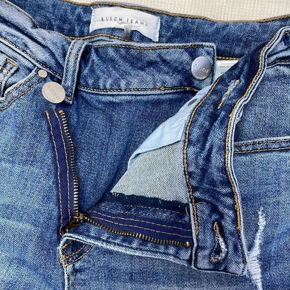 Risen Jeans Women's Juniors 1 / 25 Blue Crossover Distressed Denim Straight Leg - Picture 9 of 13